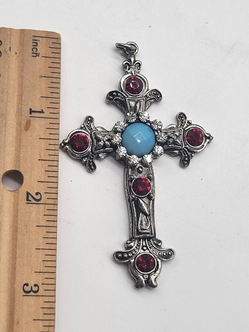Silver Tone Cross Pendant Red Blue Clear Decorated Religious Spiritual Ornate - Picture 4 of 5